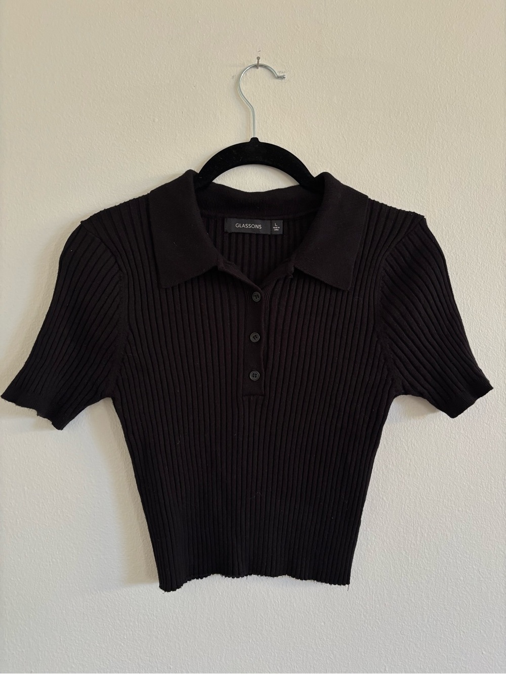 Glassons Black Ribbed Polo Crop Tee
